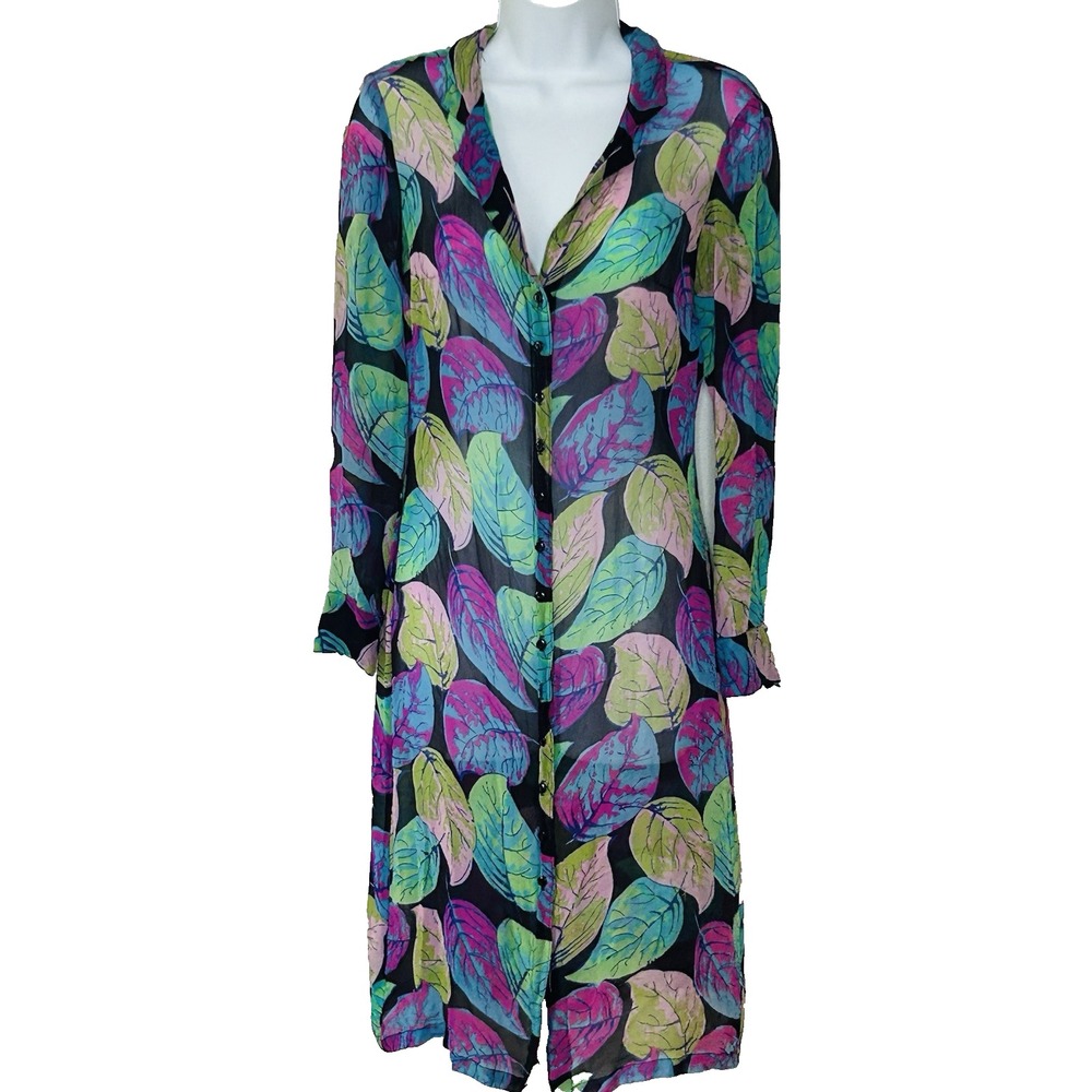 Betsey Johnson Vtg 90s Silk Dress S Multi-Color Sheer Buttons Midi Layering
